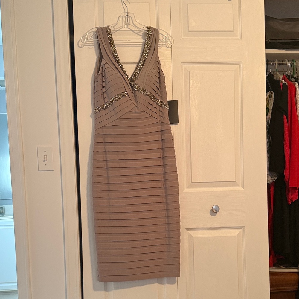 Beaded V-Neck Taupe Bandage Midi Dress